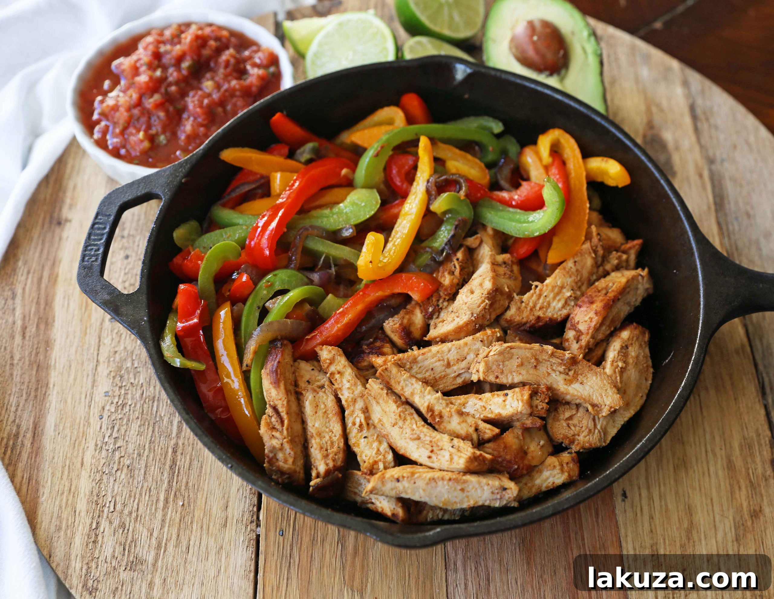 Healthy Chicken Fajitas: Savor juicy, perfectly cooked chicken strips complemented by sweet bell peppers and caramelized onions for a vibrant, satisfying meal.