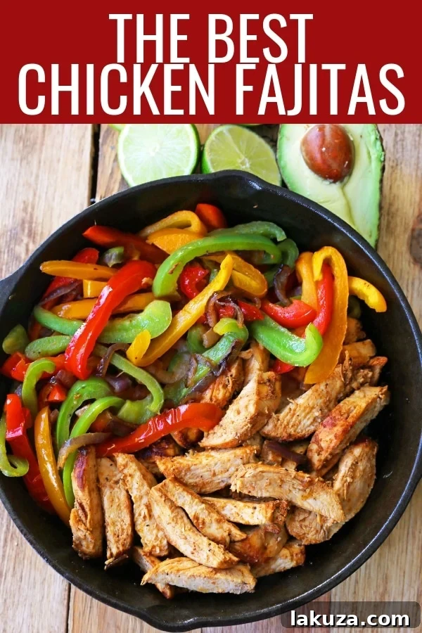 Chicken Fajitas with Toppings: A spread of warm tortillas, fresh avocado, sour cream, and salsa accompanying a sizzling platter of chicken and vegetable fajitas.