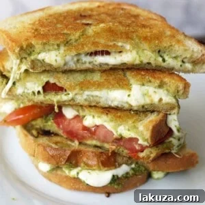 Gourmet Pesto Caprese Panini 6 Pesto Panini with Fresh Mozzarella and Tomato. A toasted buttery panini with basil pesto, melted fresh mozzarella cheese, and juicy tomatoes.