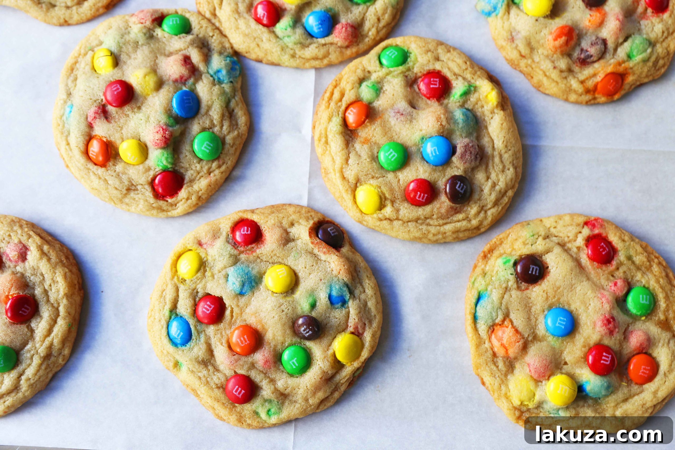Soft and Chewy M&M Cookies: A close-up of delicious homemade M&M cookies, highlighting their soft texture and colorful candies.