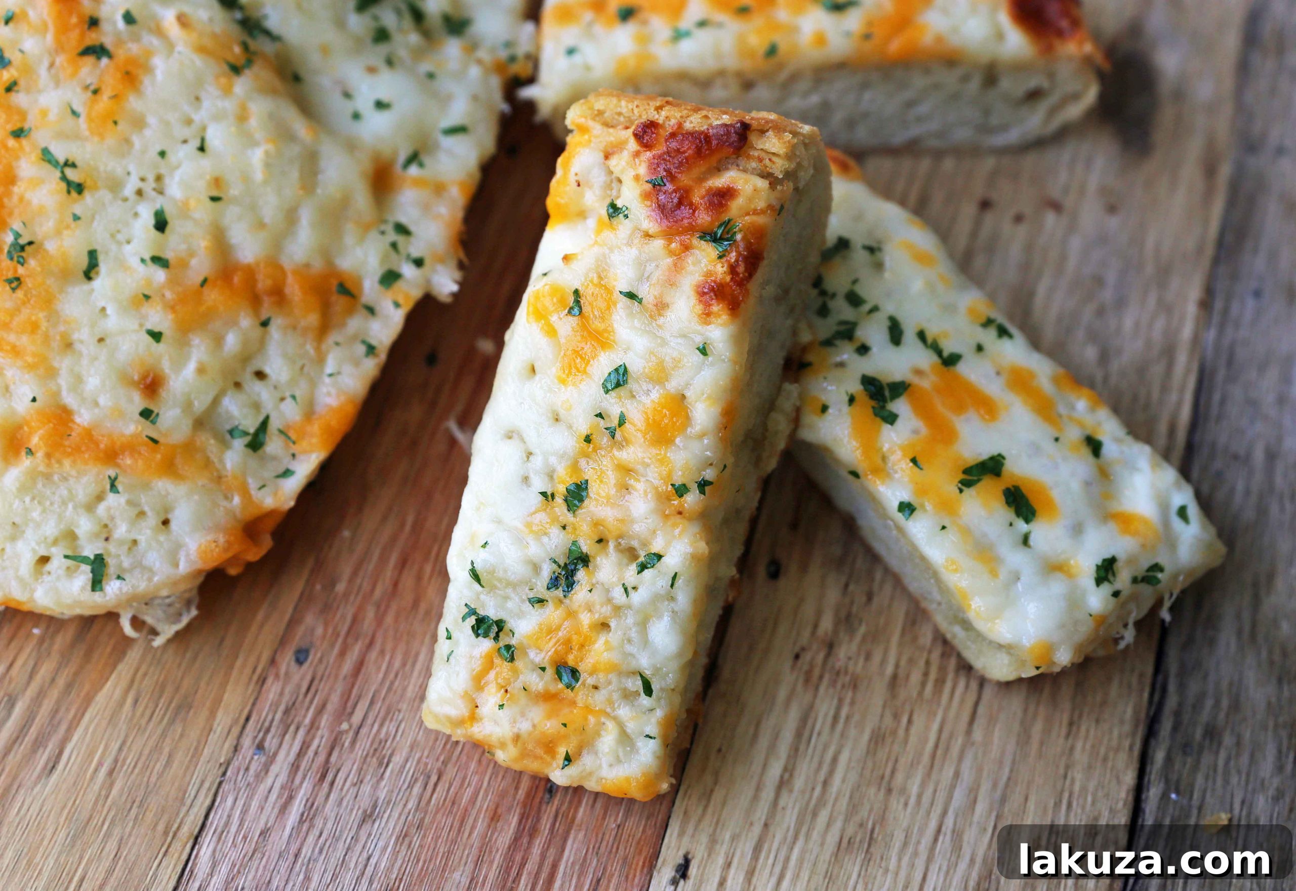 Irresistible Garlic Cheese Bread 3 Close-up of freshly baked Garlic Cheese Bread, showcasing the golden crust, savory garlic butter, and stretched, melted mozzarella and cheddar cheese.