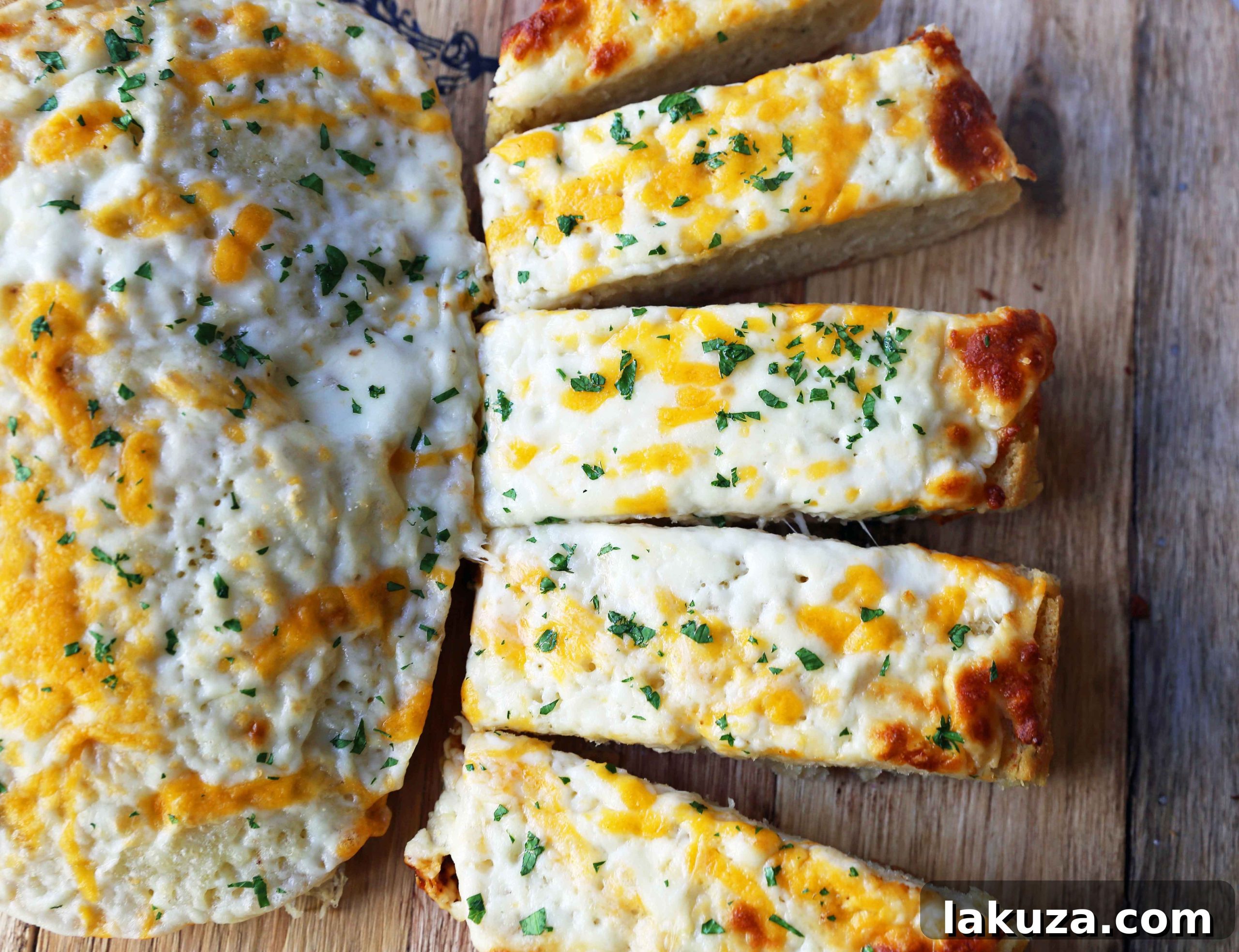 Irresistible Garlic Cheese Bread 4 A golden-brown slice of Garlic Cheese Bread, pulled apart to reveal the soft, garlic-infused interior and strings of melted cheese, garnished with fresh parsley.