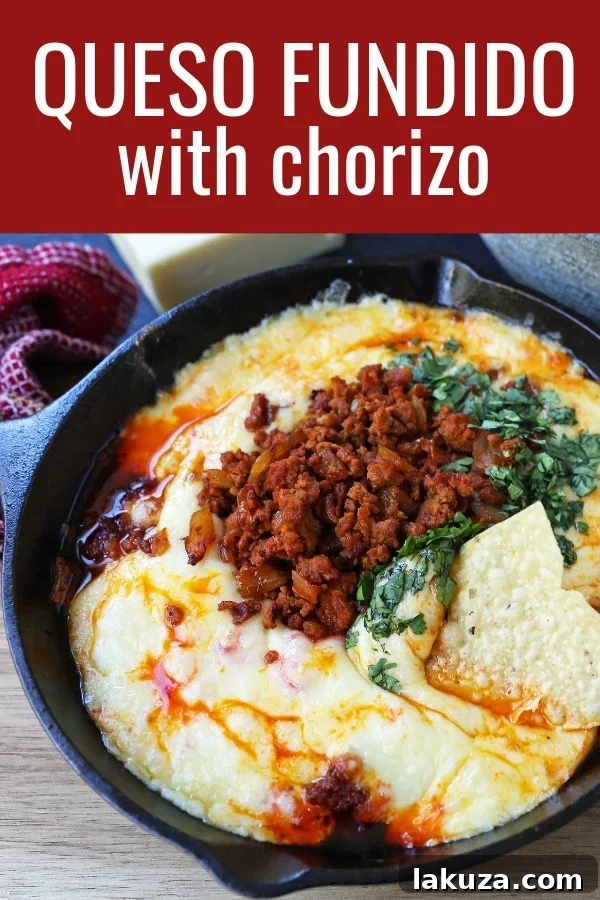 Queso Fundido with Chorizo. A skillet of melted Mexican cheeses seasoned with peppers, onions, and spicy Mexican chorizo sausage and served with hot tortillas or chips. The perfect Mexican appetizer!