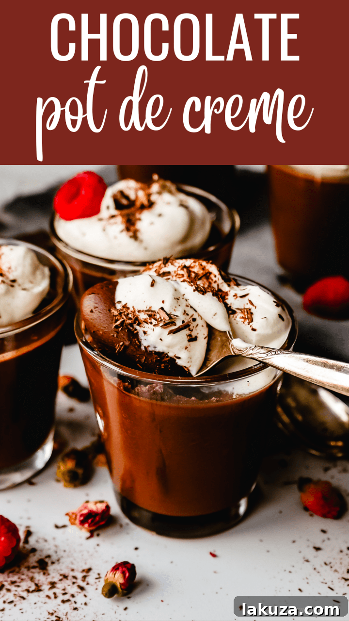 Velvety Chocolate Dream 3 Chocolate Pot de Creme. Rich velvety smooth chocolate custard topped with fresh whipped cream. A pot of cream made with melted chocolate, heavy cream, sugar, and egg yolks. A decadent chocolate dessert!