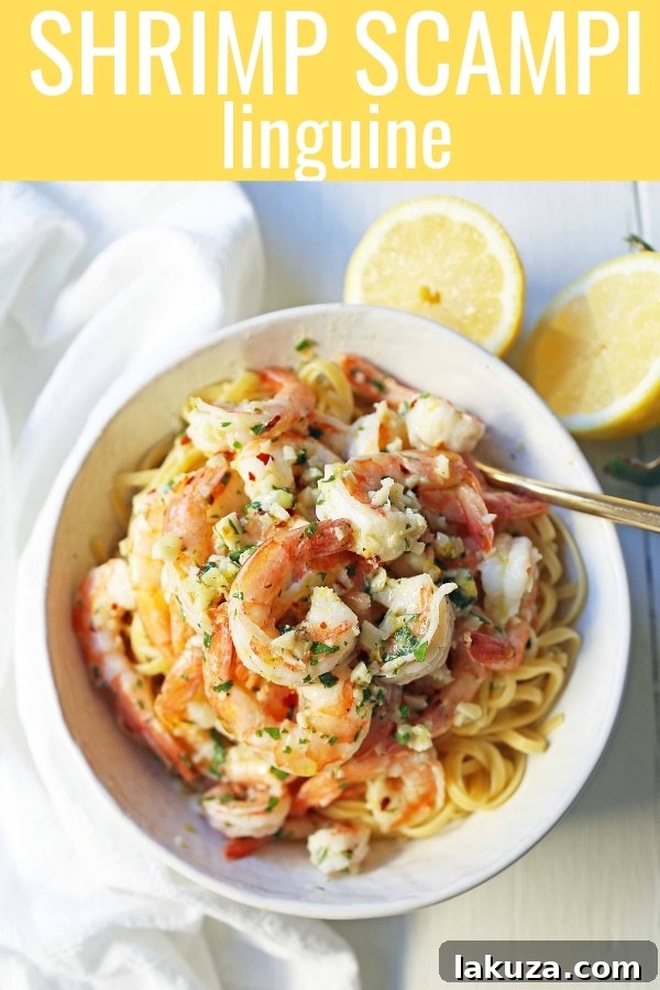 Zesty Lemon Garlic Shrimp Linguine 6 Overhead shot of Shrimp Scampi Linguine presented elegantly in a shallow bowl, ready to be served.