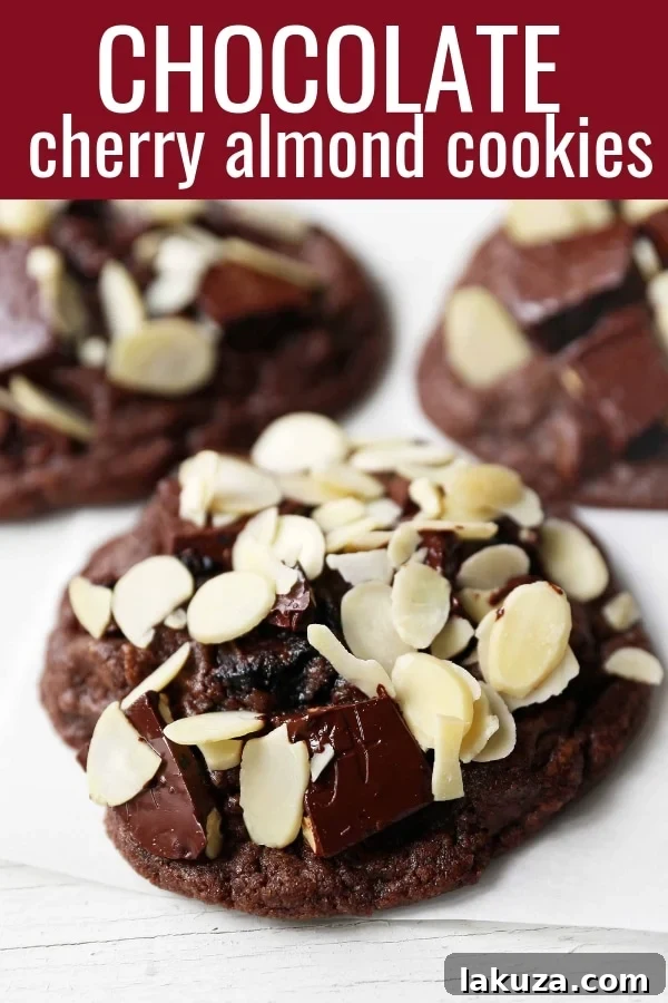 Rich Chocolate Cherry Bliss 6 A stack of Chocolate Cherry Almond Cookies on a white plate
