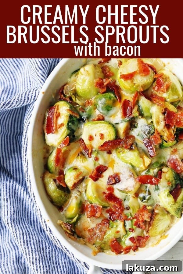 A final close-up shot of the creamy cheesy brussels sprouts with bacon.