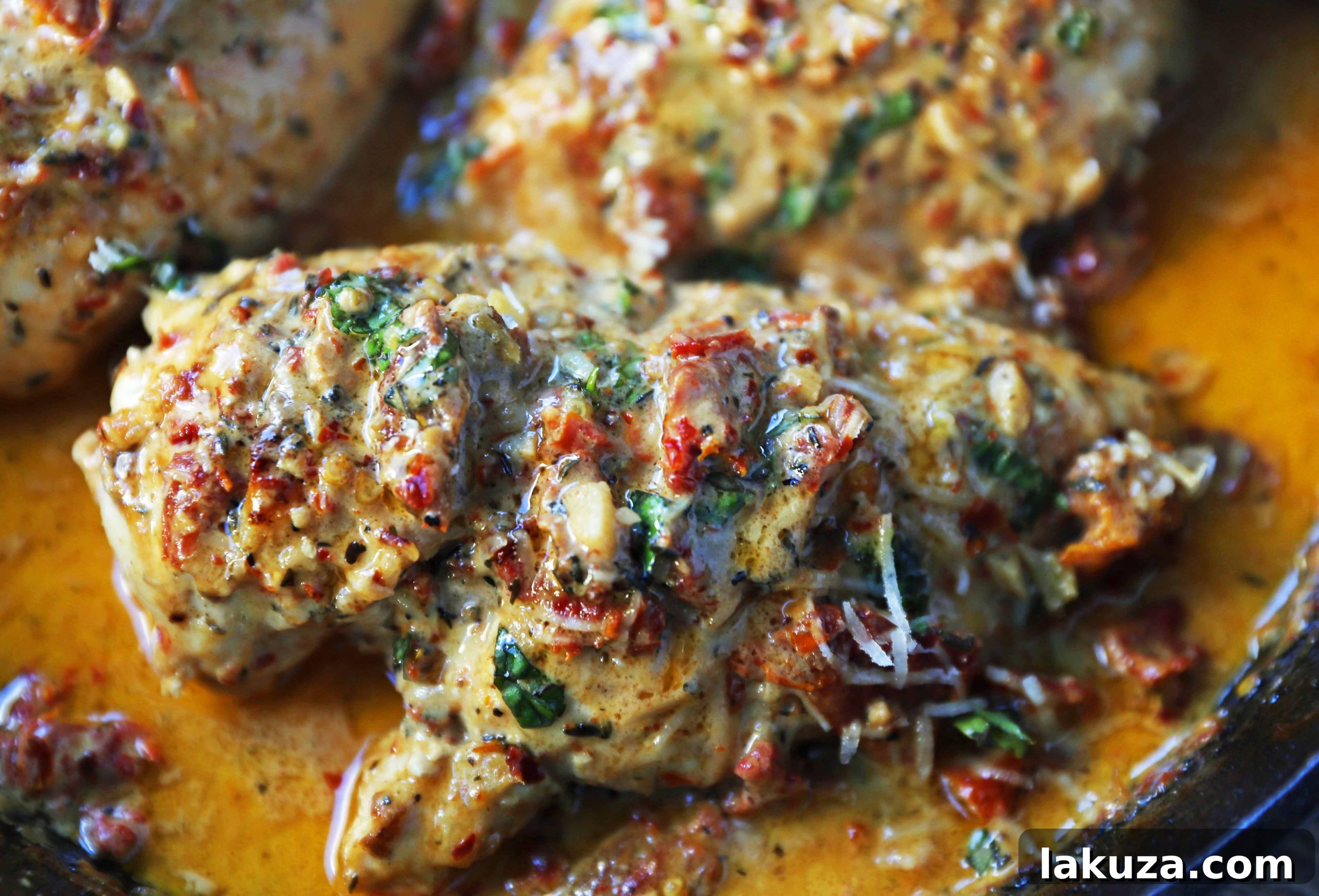 Marry Me Chicken in a cast iron skillet, ready to be served. Creamy and flavorful, a popular chicken dinner.