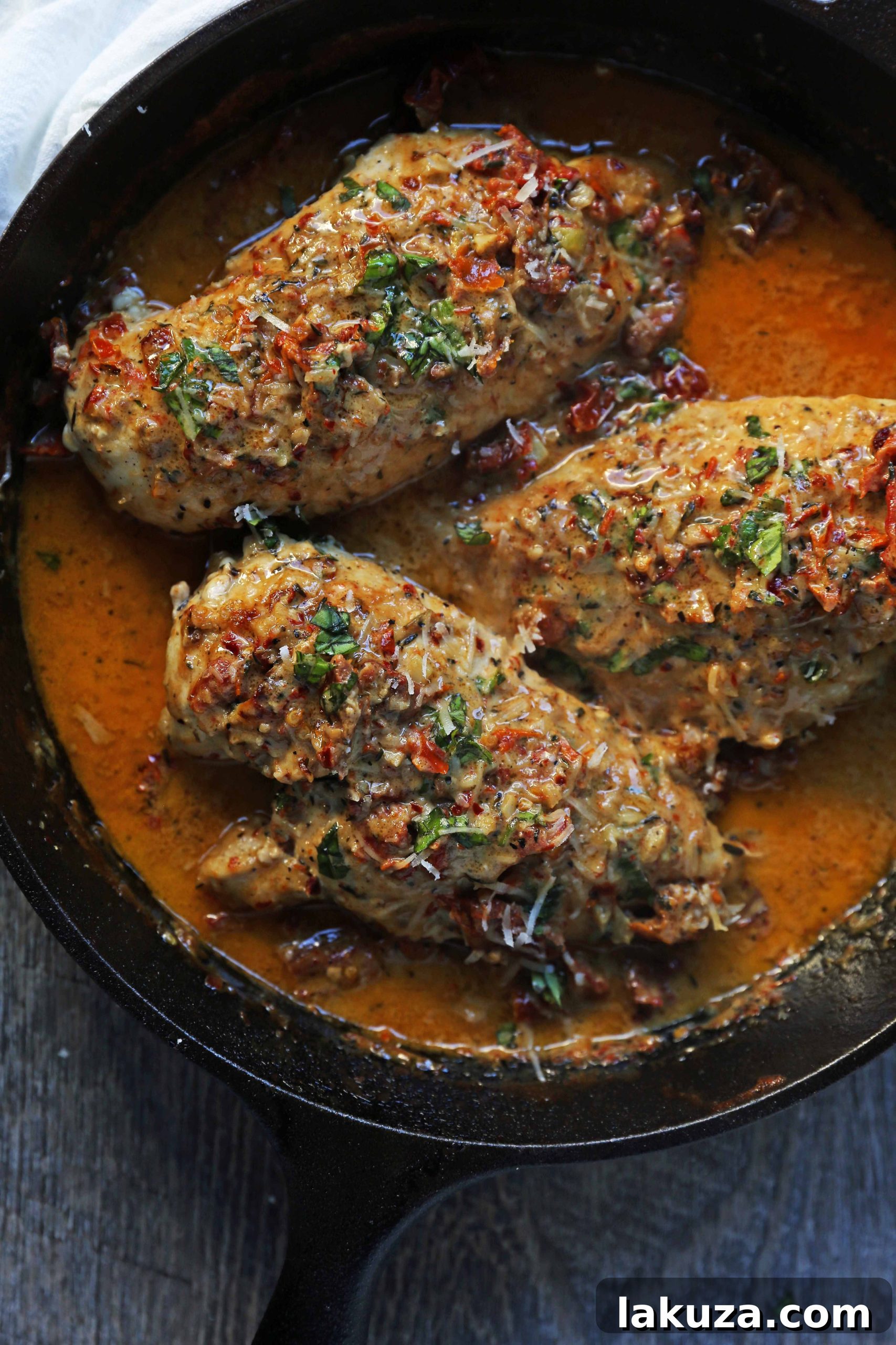 Marry Me Chicken close-up, showcasing its creamy texture, vibrant sun-dried tomatoes, and fresh basil. Perfect for a special dinner.