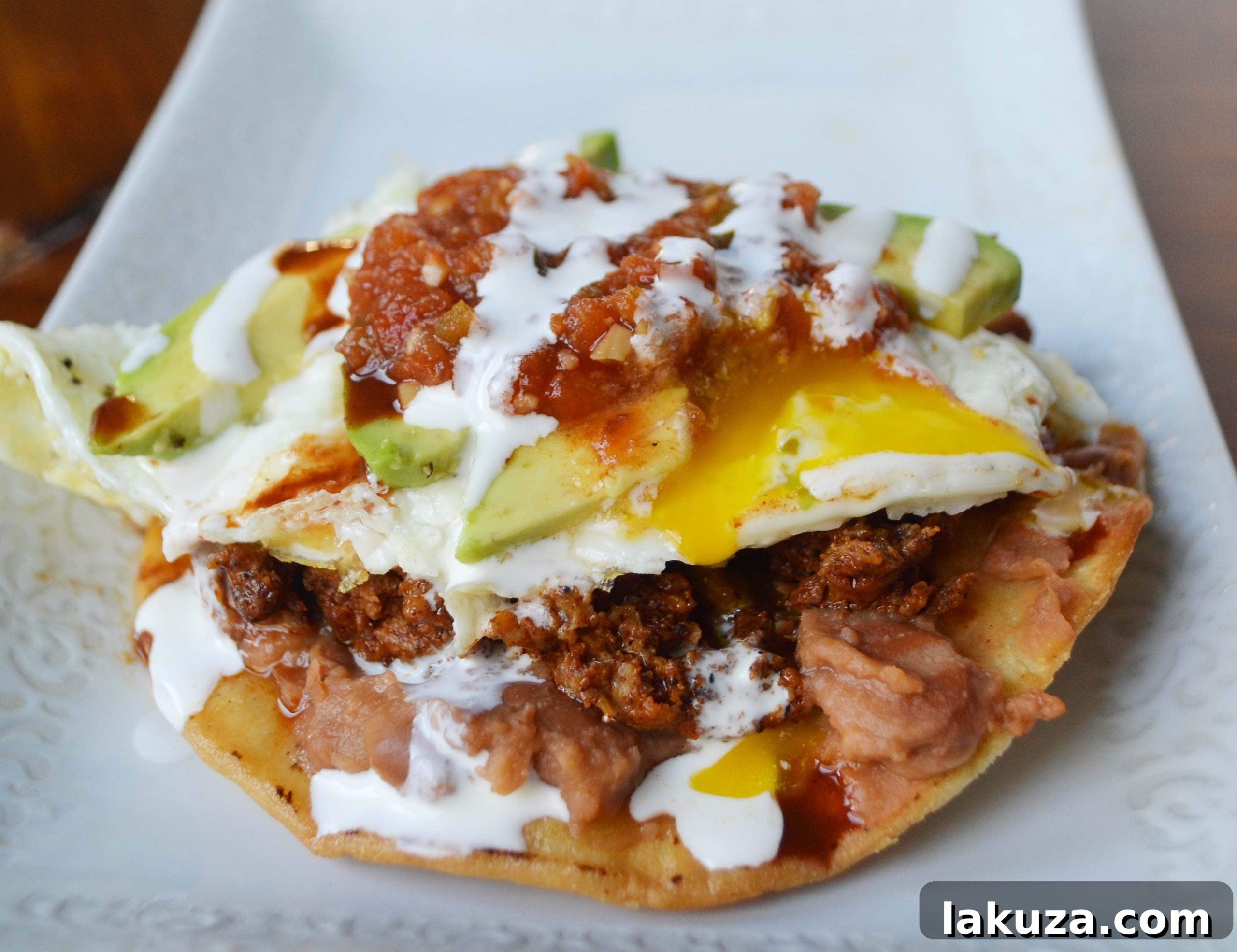 Spicy Chorizo Huevos Rancheros Tostadas 3 Close-up of Chorizo Huevos Rancheros Tostadas - Layers of Flavor