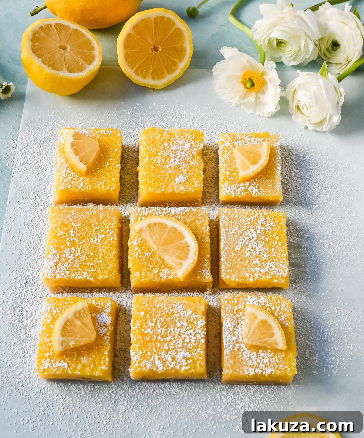 Sunshine Lemon Squares 6 Freshly baked lemon bars, golden brown and glistening with a perfect lemon filling, cooling on a wire rack before chilling and slicing.