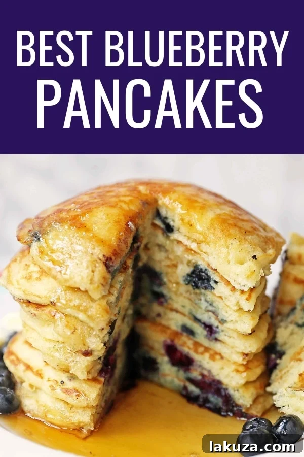 Bursting Blueberry Pancakes 13 Beautifully styled plate of homemade fluffy blueberry buttermilk pancakes, ready to be enjoyed for breakfast or brunch.