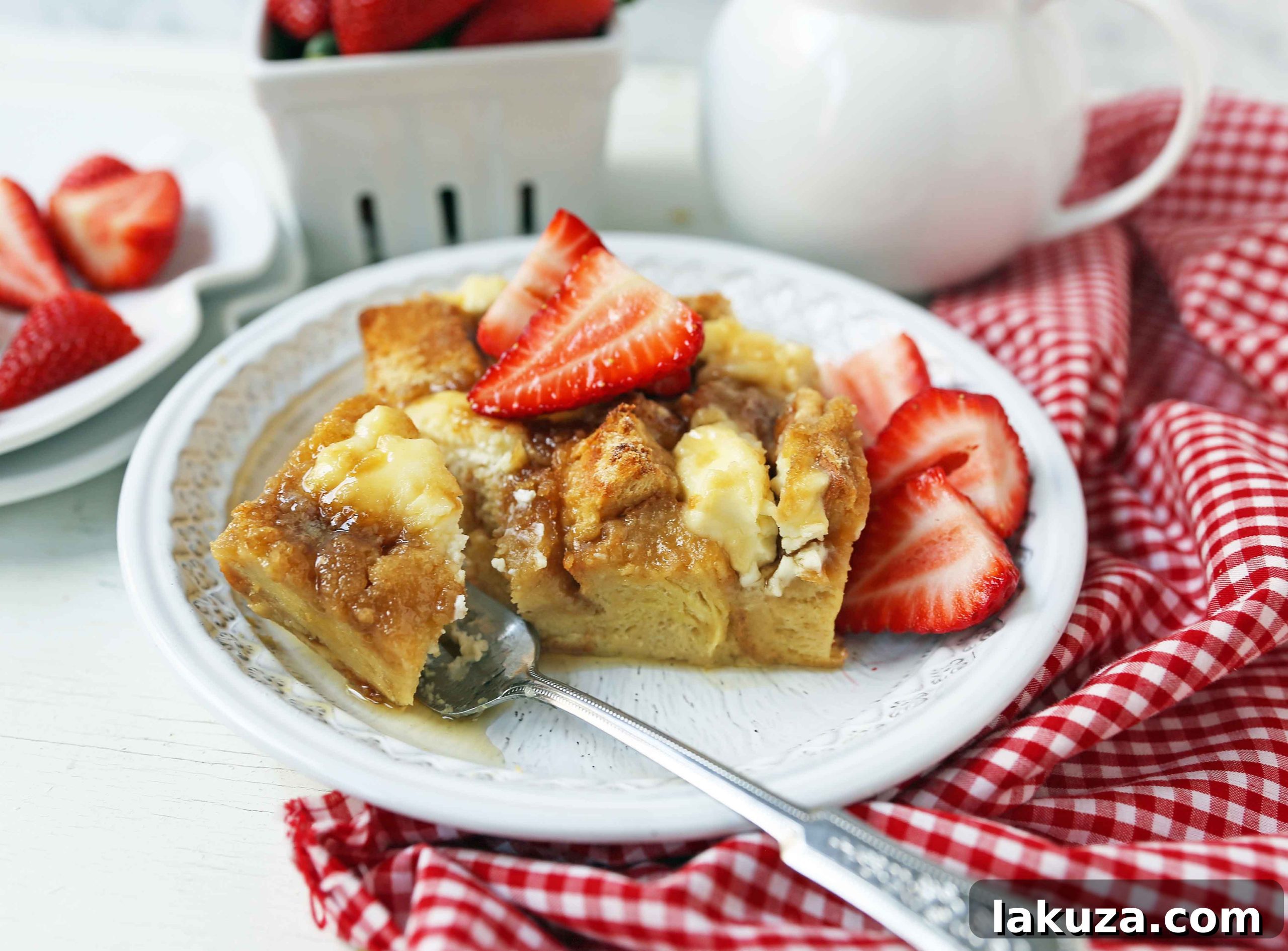 Brunch Bliss French Toast 3 Close-up of a golden Baked French Toast Casserole featuring tender challah bread, visible sweet cream cheese pockets, and a crunchy streusel topping, ideal for brunch.