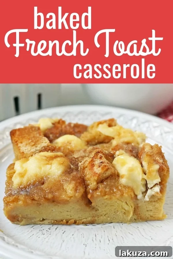 Brunch Bliss French Toast 6 A single serving of Baked French Toast Casserole on a white plate, showcasing the fluffy bread and crunchy streusel.