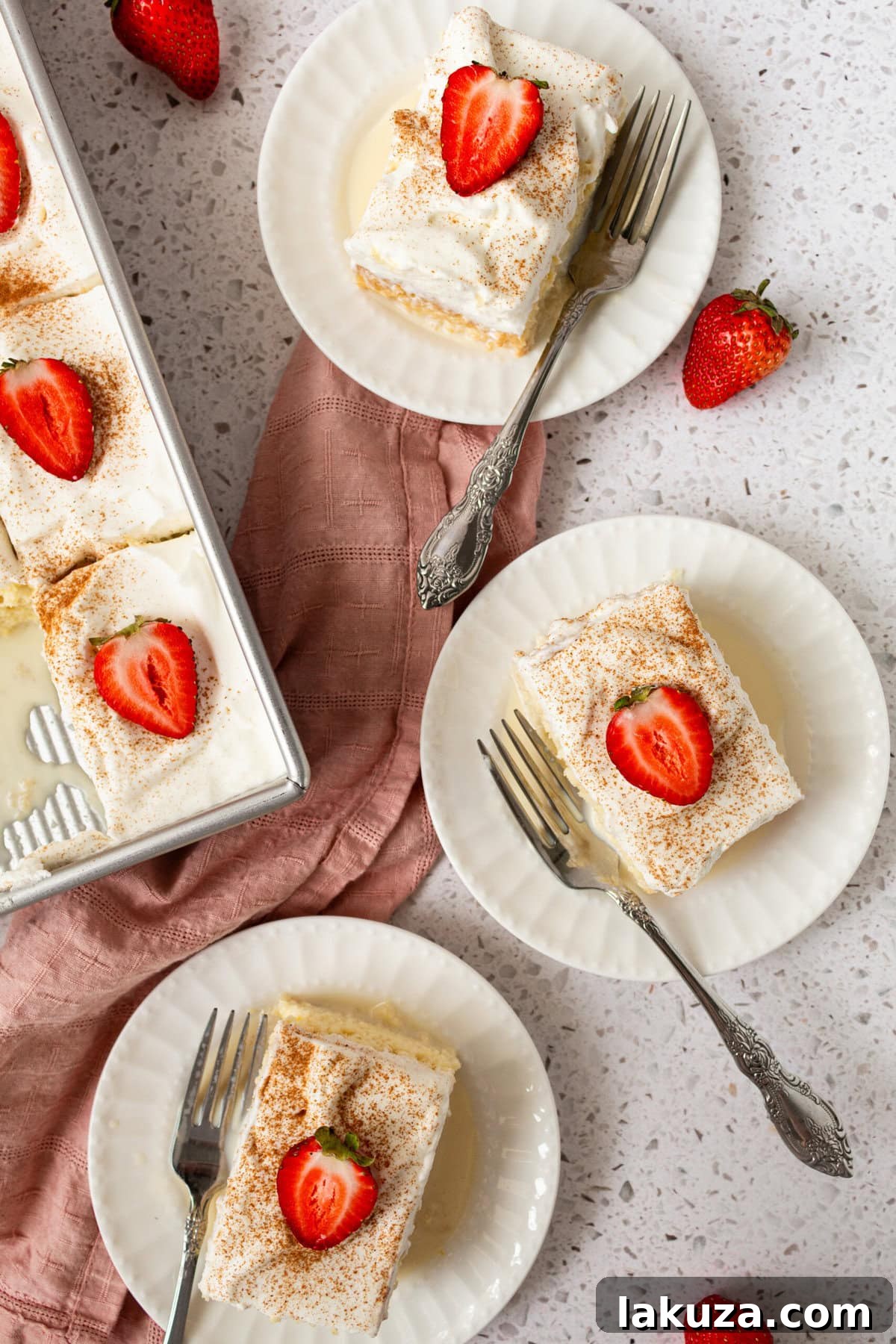 Tres Leches Cake. A classic Mexican dessert made with a vanilla sponge cake soaked with three kinds of milk -- heavy cream, evaporated milk and sweetened condensed milk and topped with fresh sweetened whipped cream. An authentic Mexican dessert recipe!