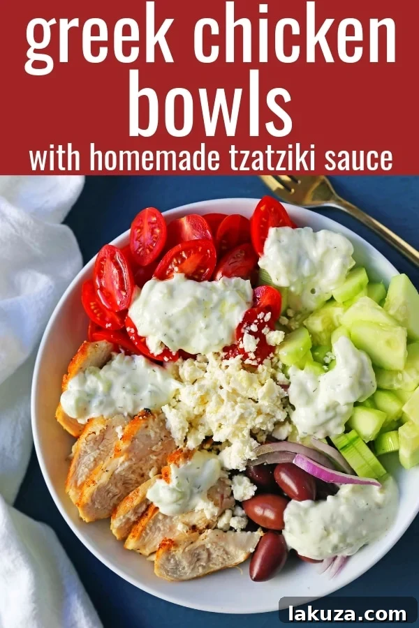 Grecian Harvest Bowls 8 Top-down view of a vibrant Greek Chicken Bowl, perfect for meal planning and healthy eating. Features grilled chicken, fresh veggies, feta, olives, and tzatziki.
