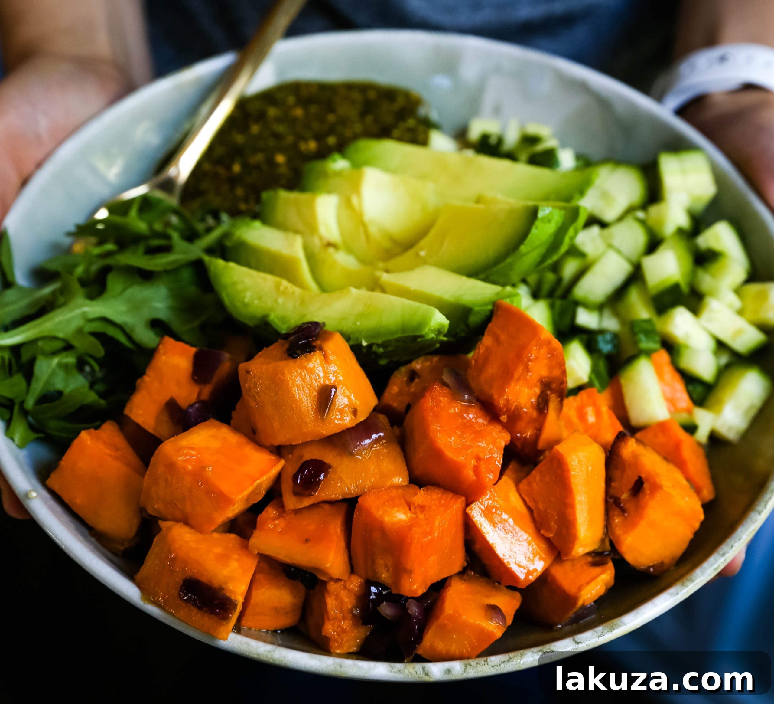 Vibrant Pistachio Pesto Power Bowl 6 Overhead view of a beautifully assembled Buddha Bowl with Pistachio Pesto, ready to be enjoyed.