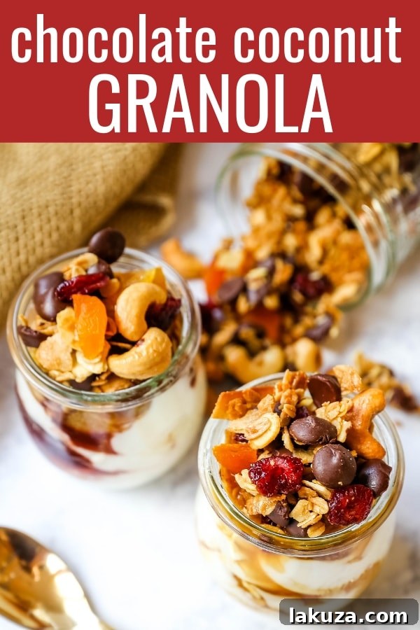 Tropical Chocolate Coconut Crunch 6 Mason jars filled with homemade Chocolate Coconut Granola, ready for storage