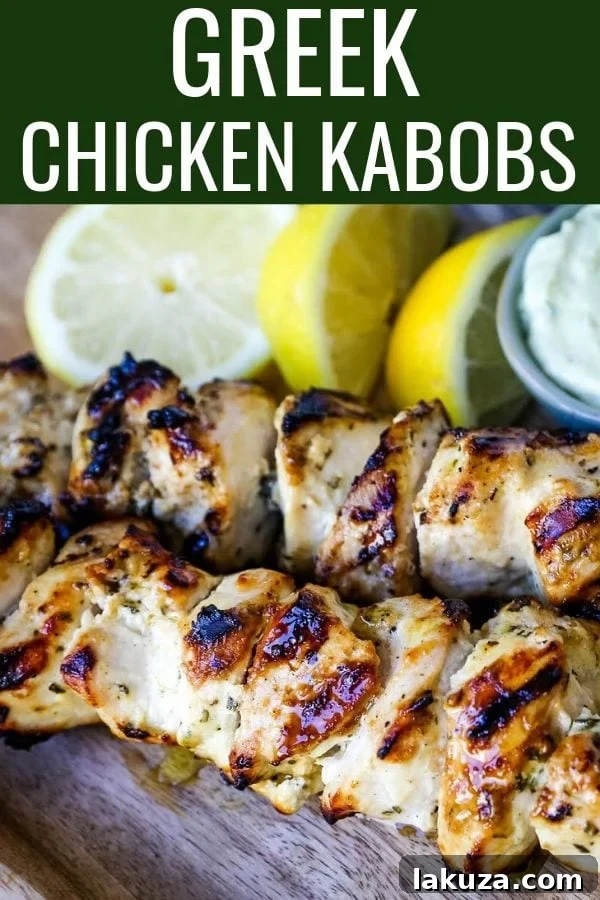 Zesty Greek Chicken Skewers 6 Greek Chicken Kabobs Yogurt marinated and Greek spiced chicken grilled to perfection and dipped in homemade tzatziki sauce.