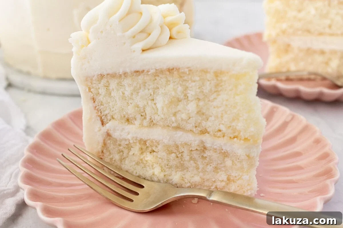 Various slices of vanilla cake, each impeccably frosted and presented.