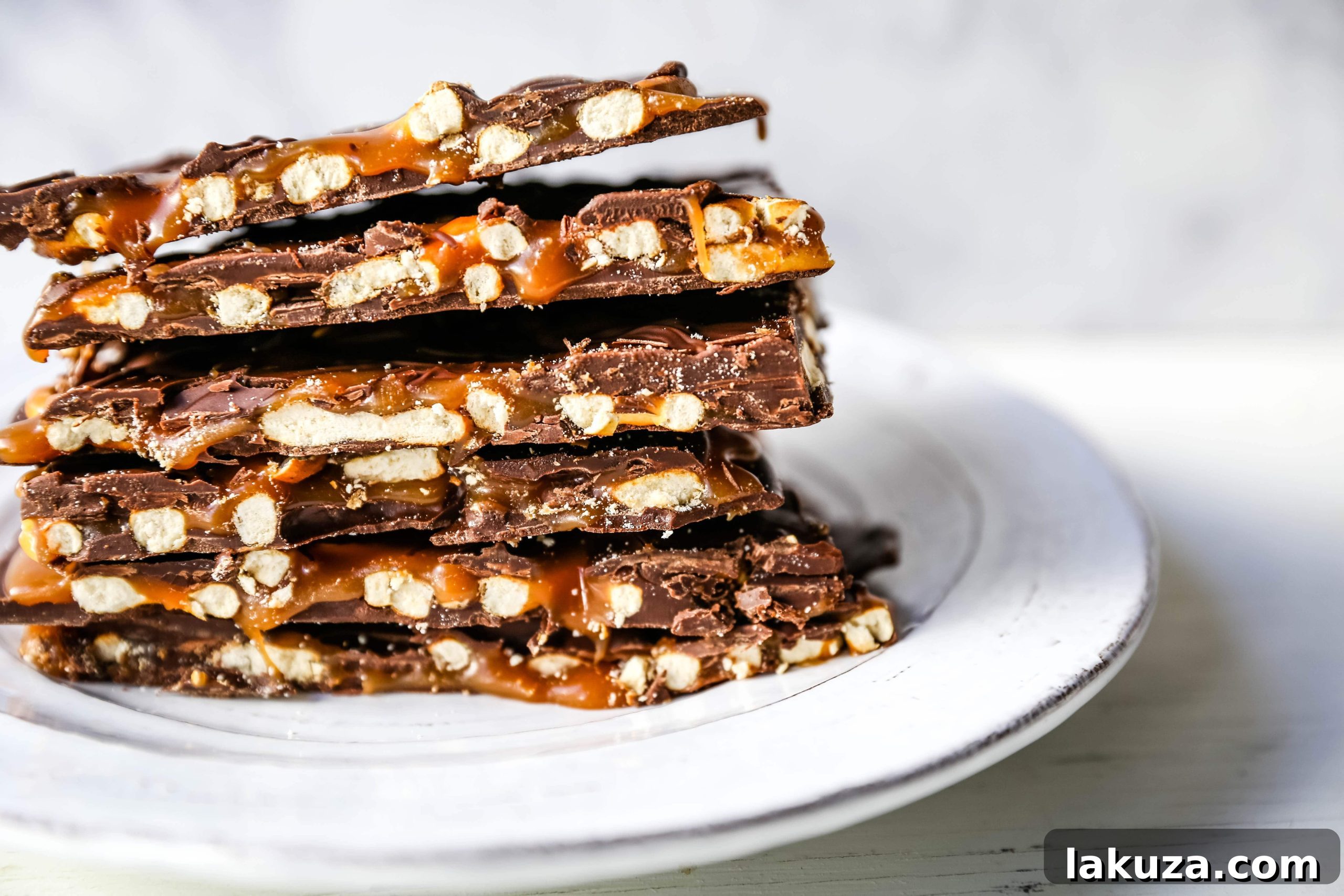Salty-Sweet Chocolate Caramel Pretzel Crunch 6 Hand holding a piece of Chocolate Caramel Pretzel Bark, showing off the distinct layers of chocolate, caramel, and pretzels, with more bark pieces in the background.