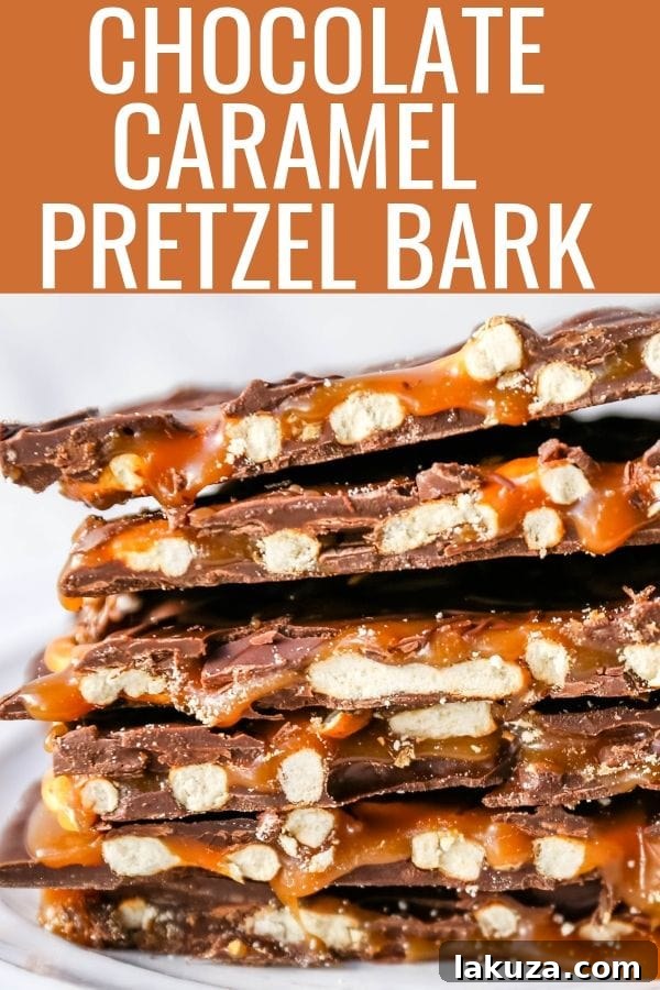 Salty-Sweet Chocolate Caramel Pretzel Crunch 7 A final close-up shot of Chocolate Caramel Pretzel Bark, showing a perfect slice with visible layers of chocolate and caramel and embedded pretzels, ready to be enjoyed.