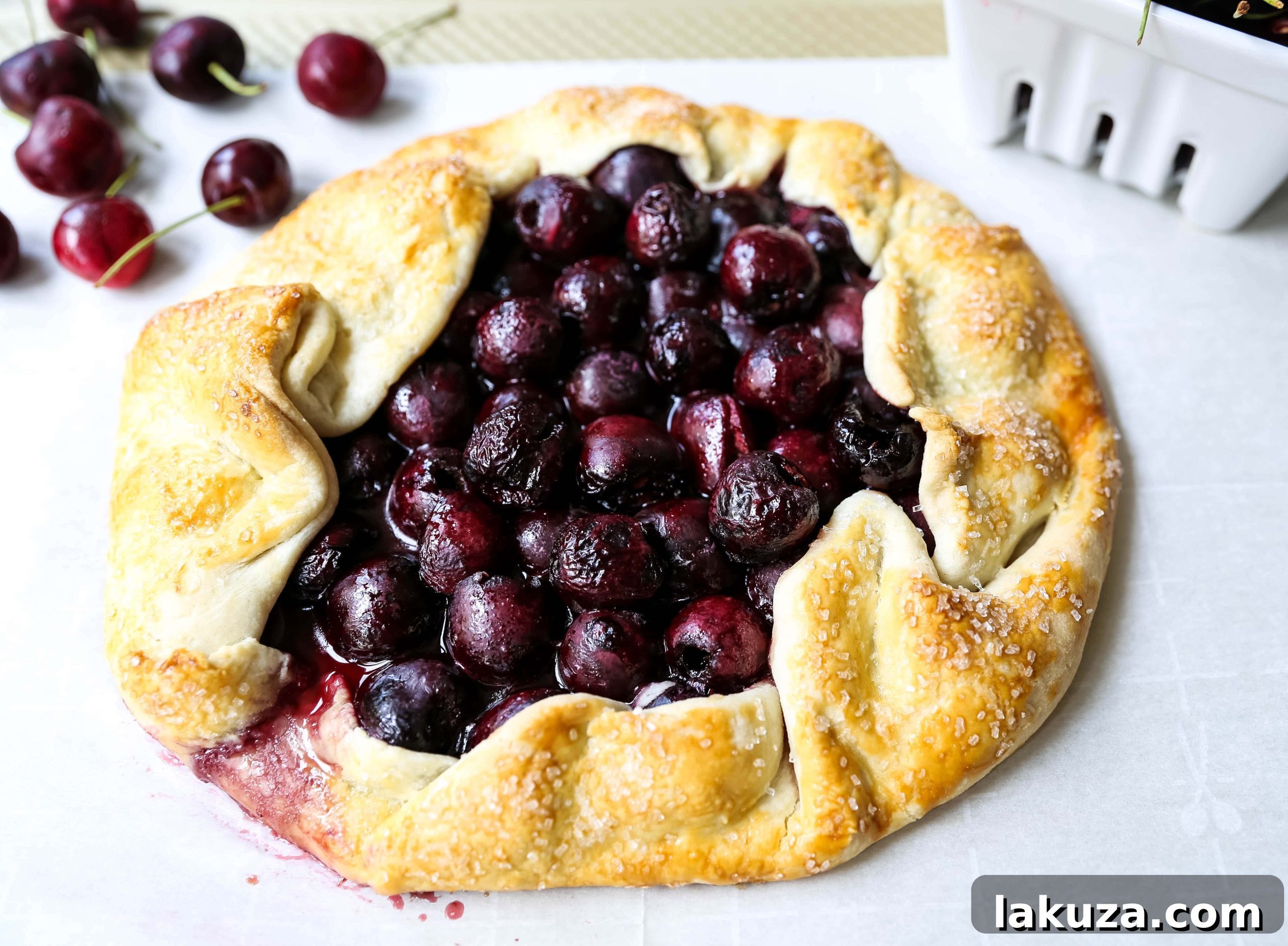 A serving of cherry galette, showing the flaky crust and bubbling cherry filling, ready to be enjoyed.