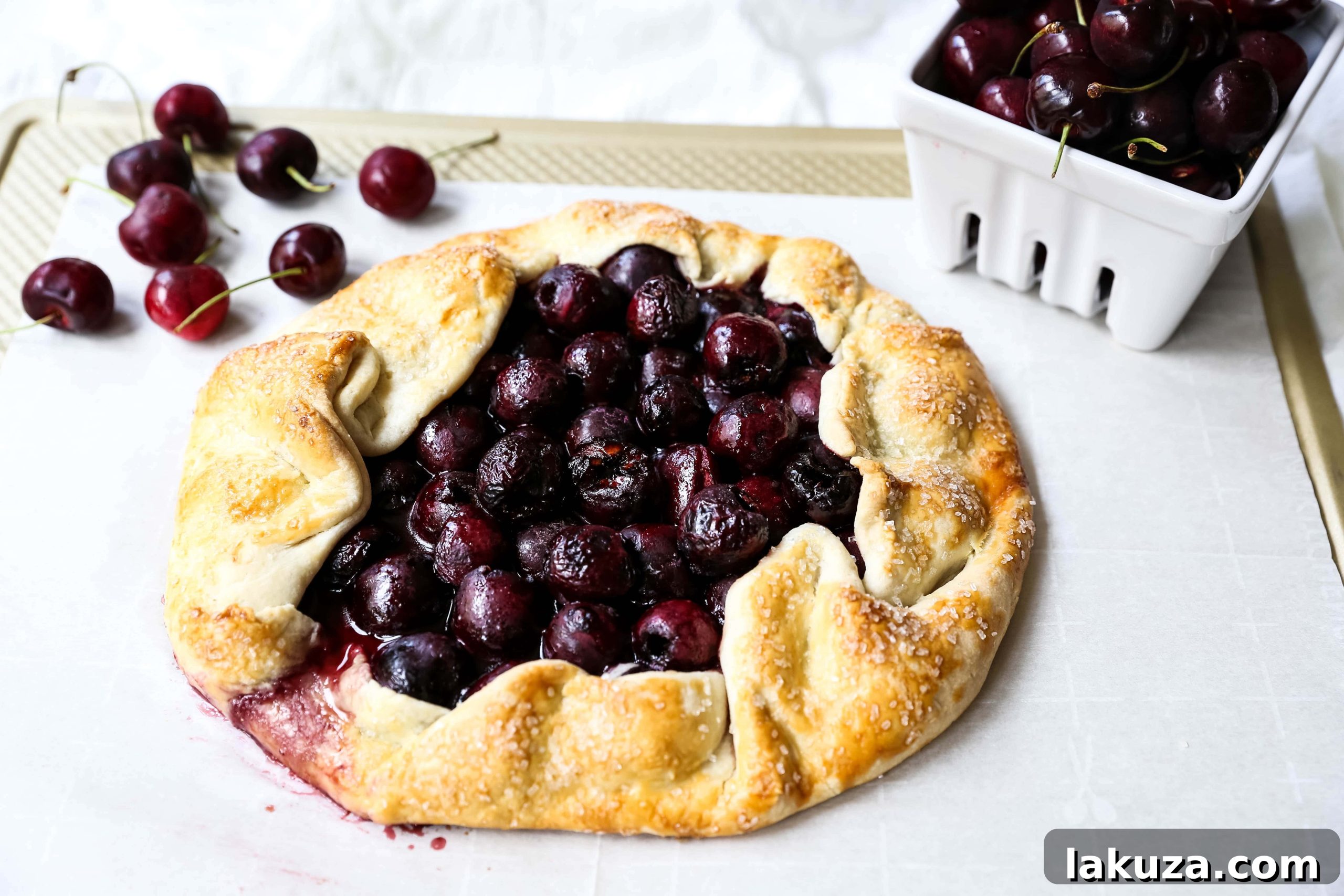 Overhead view of a baked cherry galette, highlighting the golden, rustic crust and the rich, bubbly cherry center.