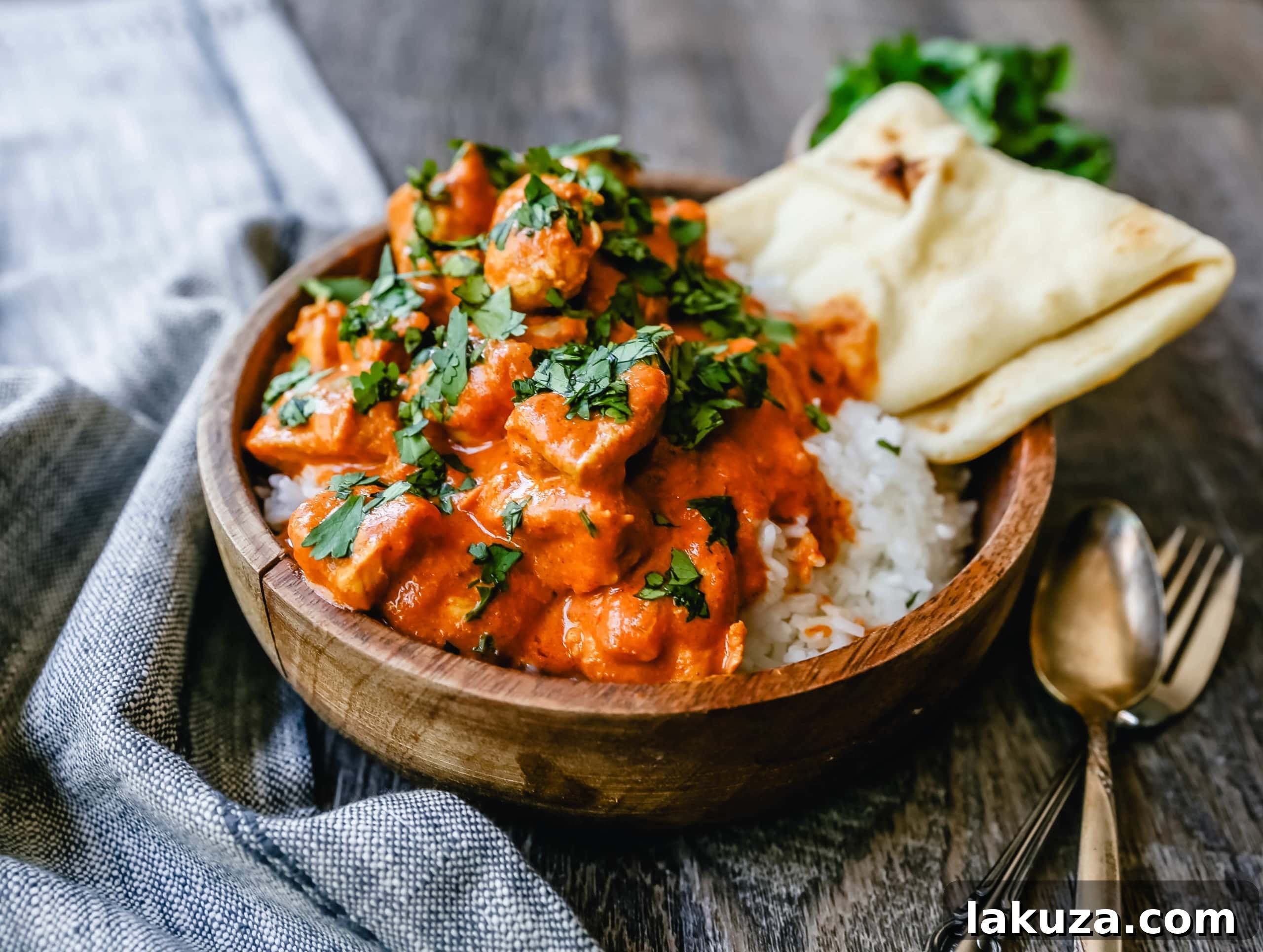 Velvety Indian Butter Chicken 3 Delicious Indian Butter Chicken served with naan bread, highlighting the tender chicken pieces and the vibrant sauce.
