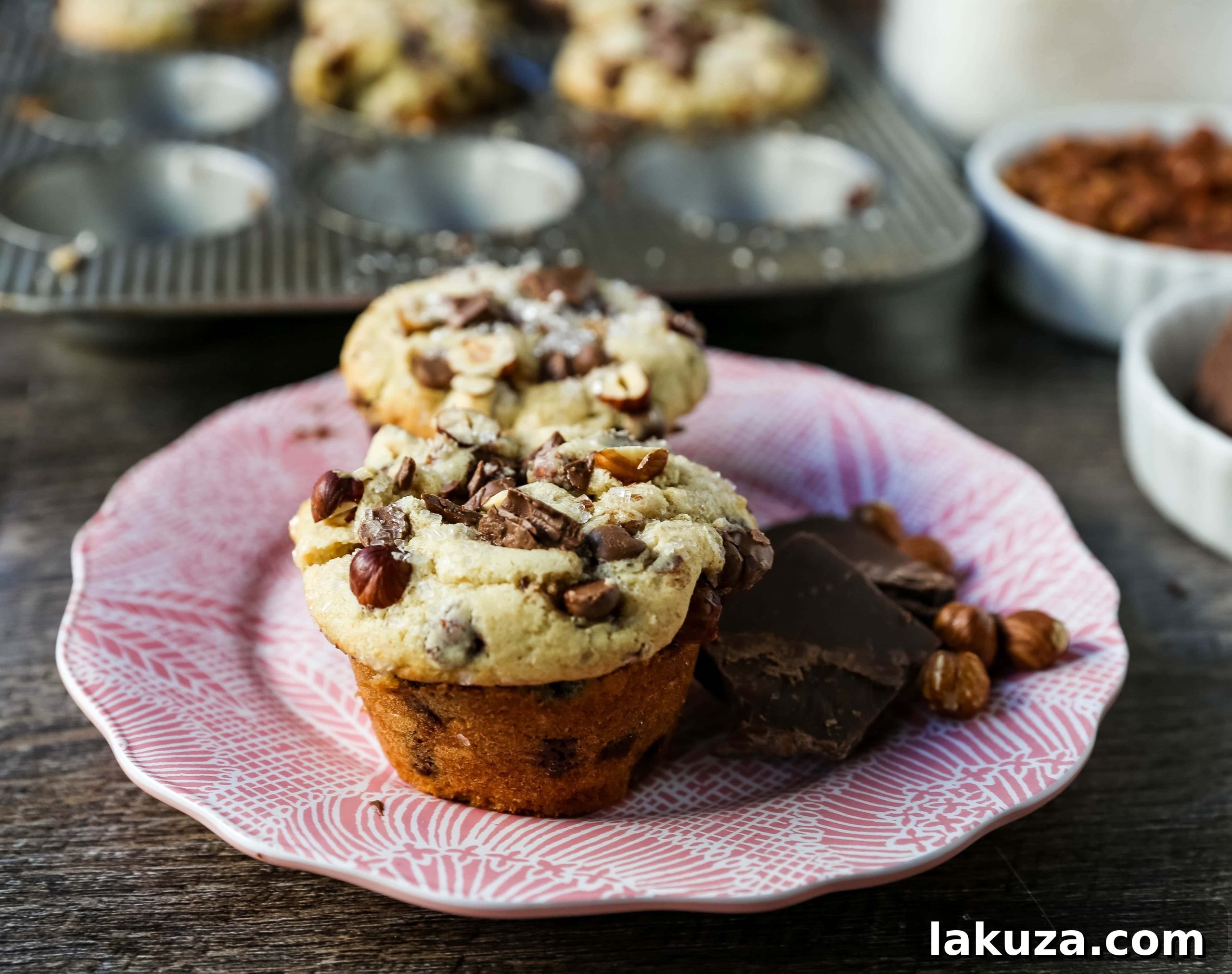 Decadent Hazelnut Chocolate Muffins 6 Basket of Chocolate Chip Hazelnut Muffins, freshly baked