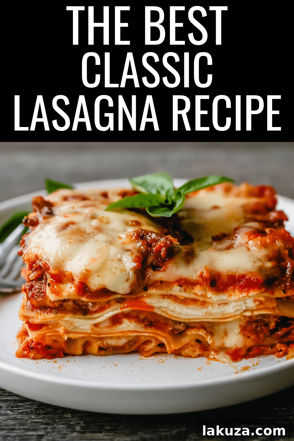 A top-down view of the Classic Lasagna Recipe in a baking dish, perfectly baked with golden, bubbly cheese and a sprinkle of fresh herbs.