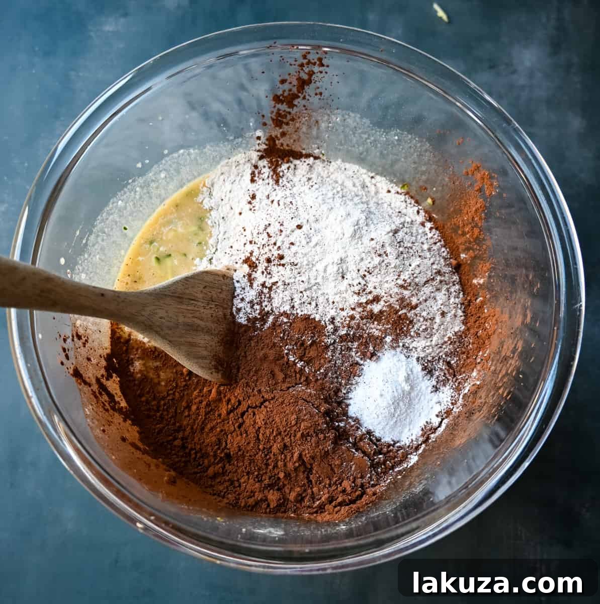 Dry ingredients for chocolate zucchini cake ready to be mixed.