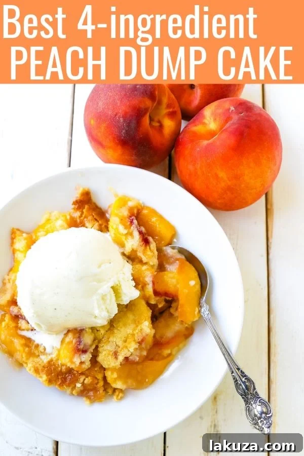 A delectable close-up of Peach Dump Cake served with a generous scoop of rich vanilla bean ice cream