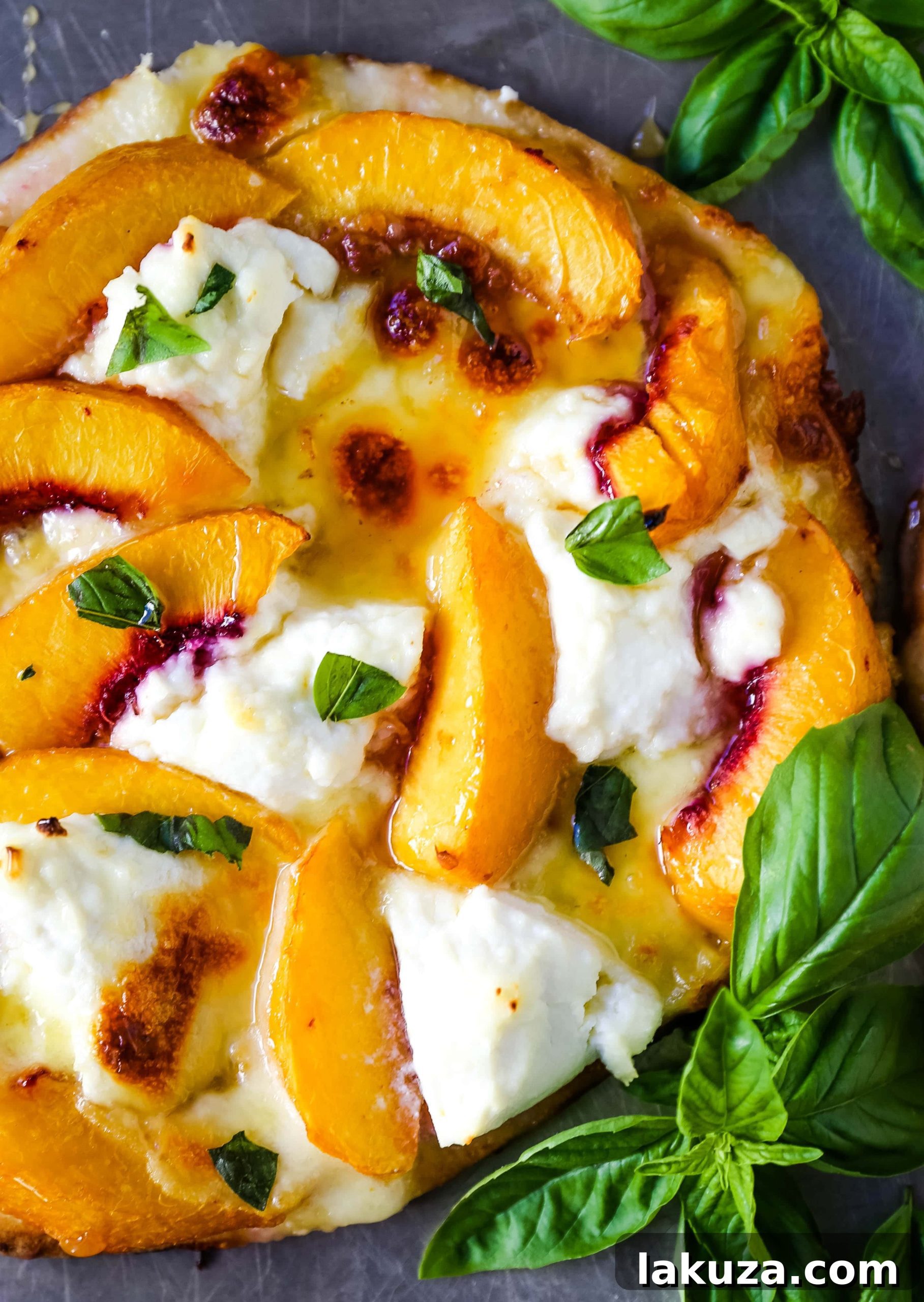 Sun-Kissed Peach & Basil Mozzarella Flatbread 4 Artfully arranged Peach Basil Mozzarella Flatbread featuring golden crust, melted cheese, and fresh peach and basil toppings. Ideal for a light summer meal or appetizer, capturing the essence of modernhoney.com recipes.