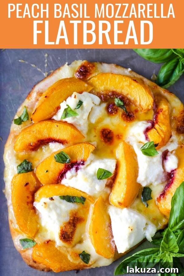 Sun-Kissed Peach & Basil Mozzarella Flatbread 6 A stunning shot of a finished Peach Basil Mozzarella Flatbread, showcasing the perfect golden crust, melted cheeses, and vibrant fresh toppings. A gourmet summer pizza from modernhoney.com.