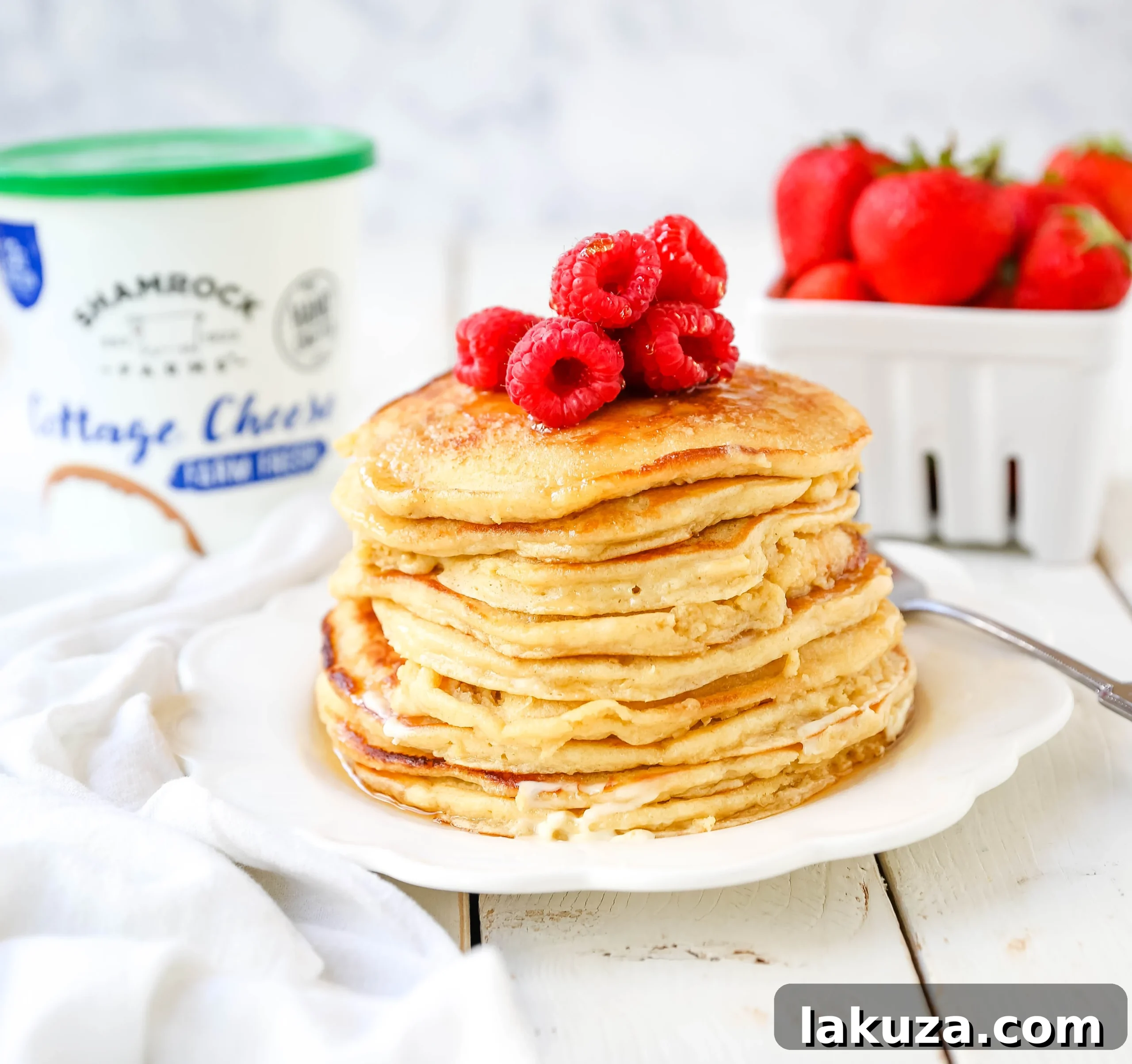 Blender filled with cottage cheese pancake batter, showing the smooth texture before cooking.