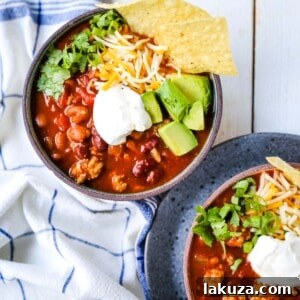 The Best Turkey Chili Recipe Lean Ground Turkey, Seasoned Chili Beans, Tomato sauce, Spices and a few secret ingredients make this the best turkey chili recipe ever!