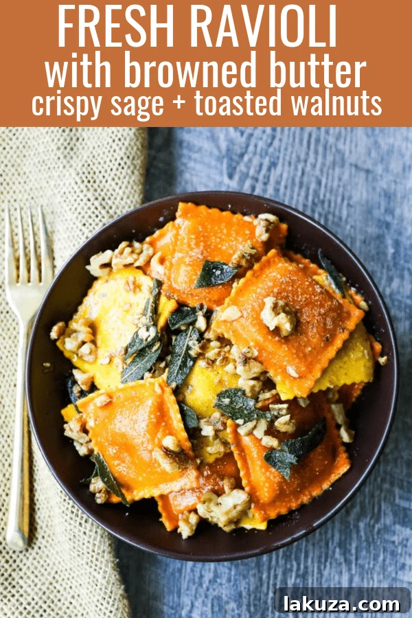 Nutty Brown Butter Sage Ravioli 6 A single serving of ravioli with browned butter, sage, and walnuts, perfectly plated for a gourmet presentation.