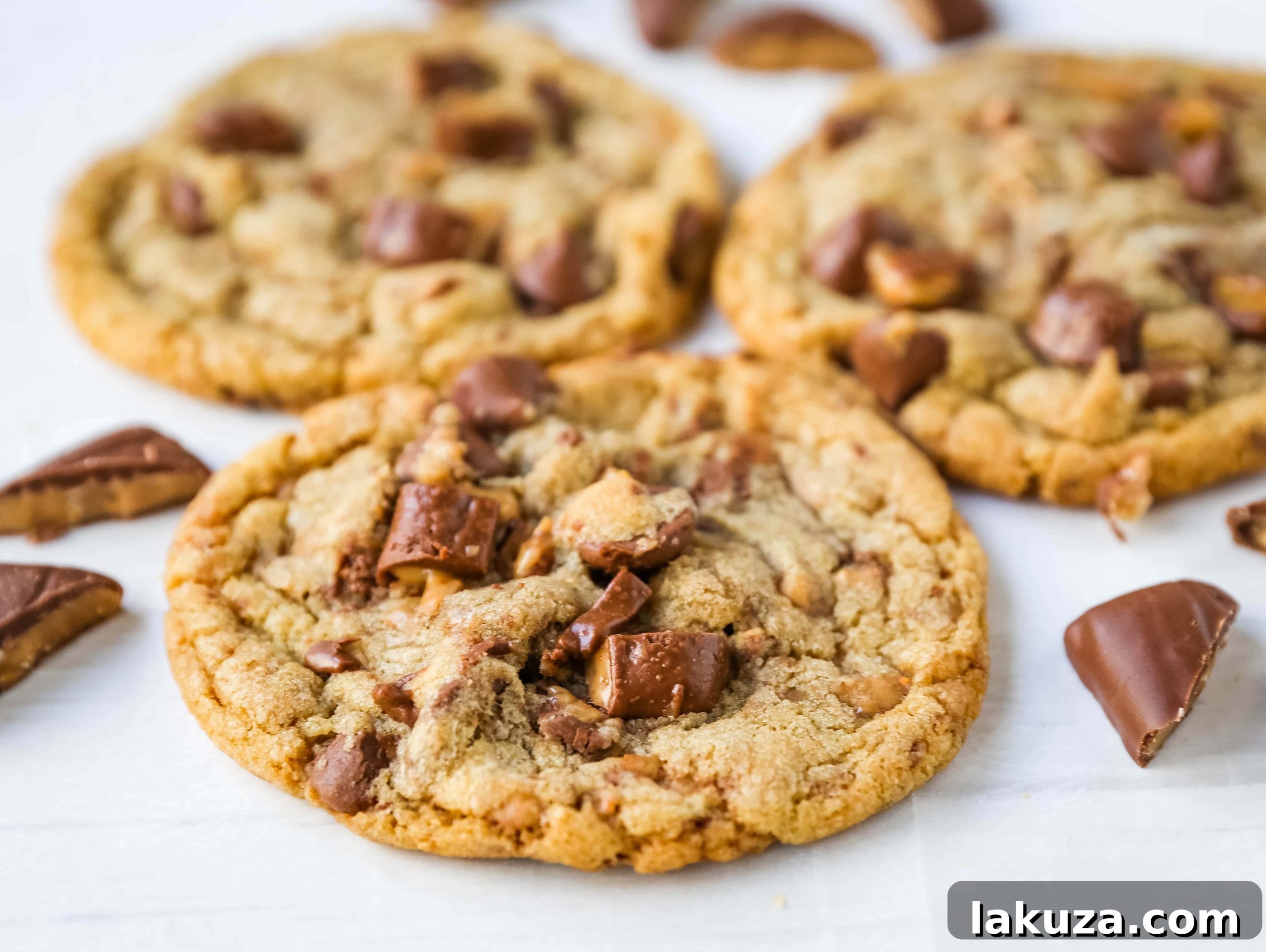 Golden Toffee Milk Chocolate Gems 4 Golden brown Milk Chocolate Toffee Cookies with visible chocolate and toffee pieces