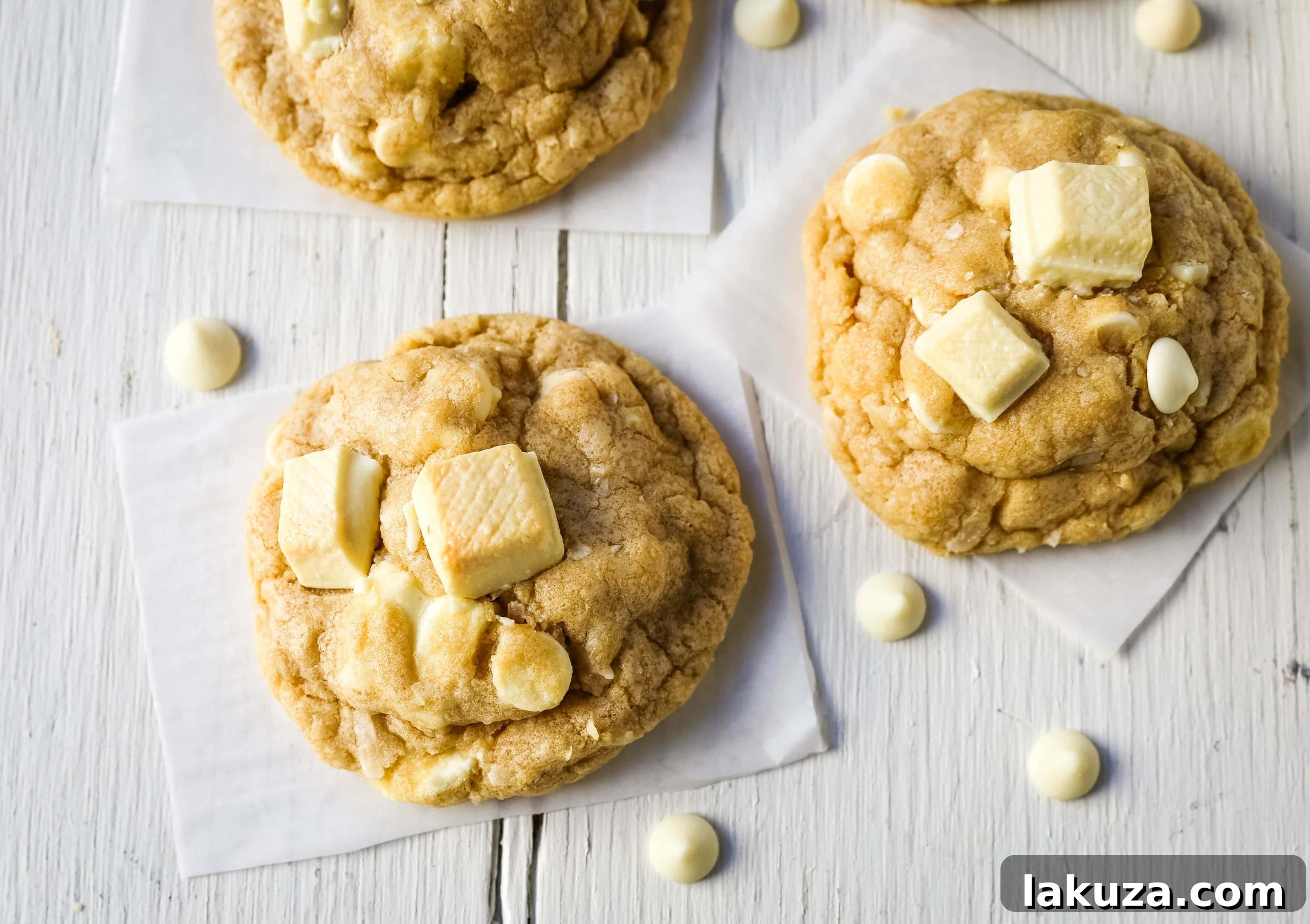 Tropical White Chocolate Coconut Delights 3 Close-up of a cooling rack filled with golden-brown White Chocolate Coconut Cookies, ready to be enjoyed.