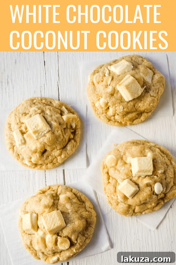 Tropical White Chocolate Coconut Delights 7 A full plate of golden-baked White Chocolate Coconut Cookies, showcasing their appealing rustic charm and perfect round shapes.