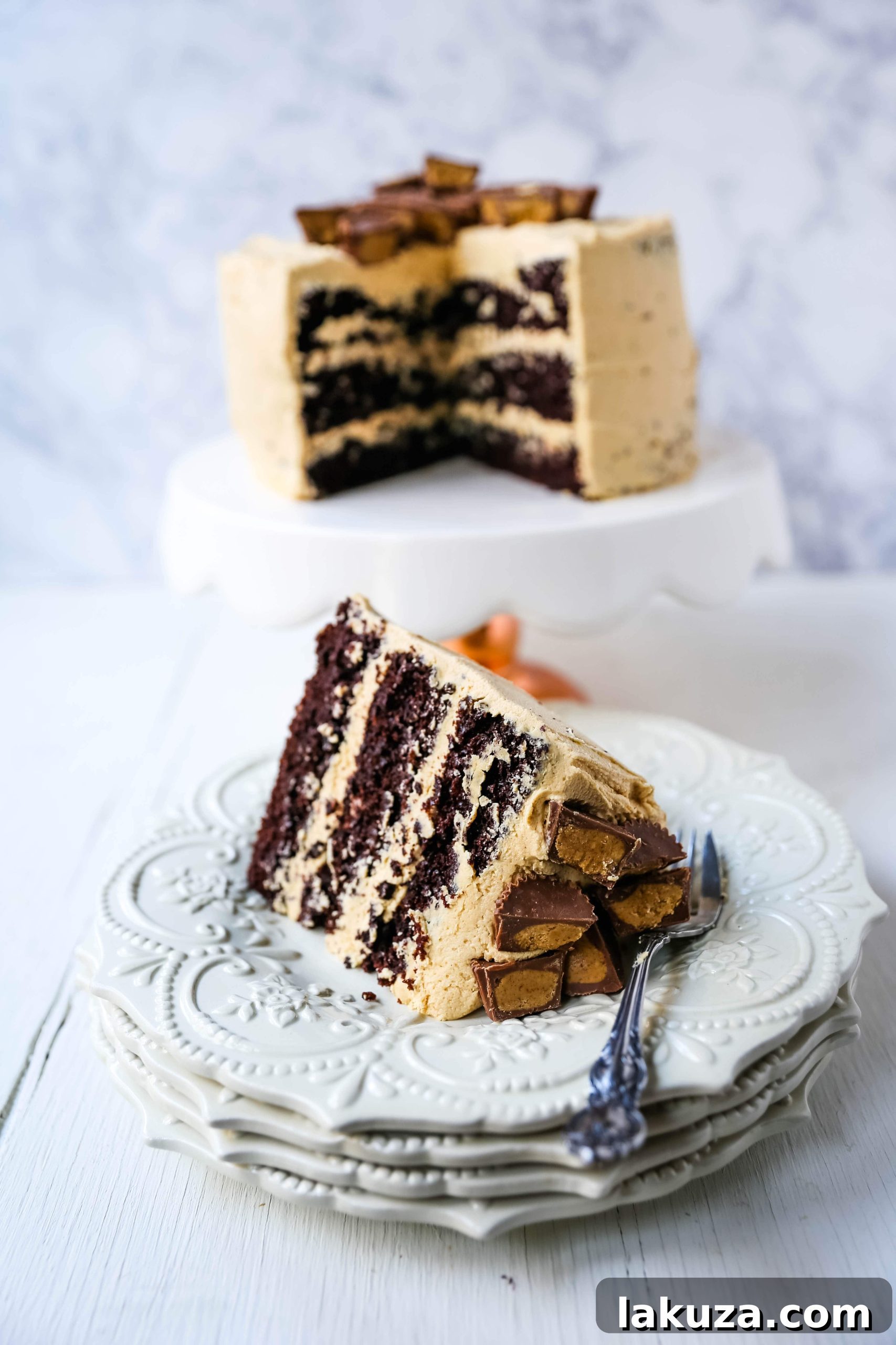A close-up of the Chocolate Cake with Peanut Butter Frosting, showcasing its rich texture and peanut butter cup garnish.