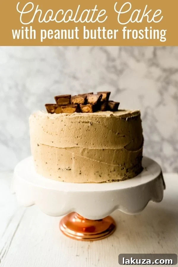Final presentation of the Chocolate Cake with Peanut Butter Frosting, topped with whole peanut butter cups.