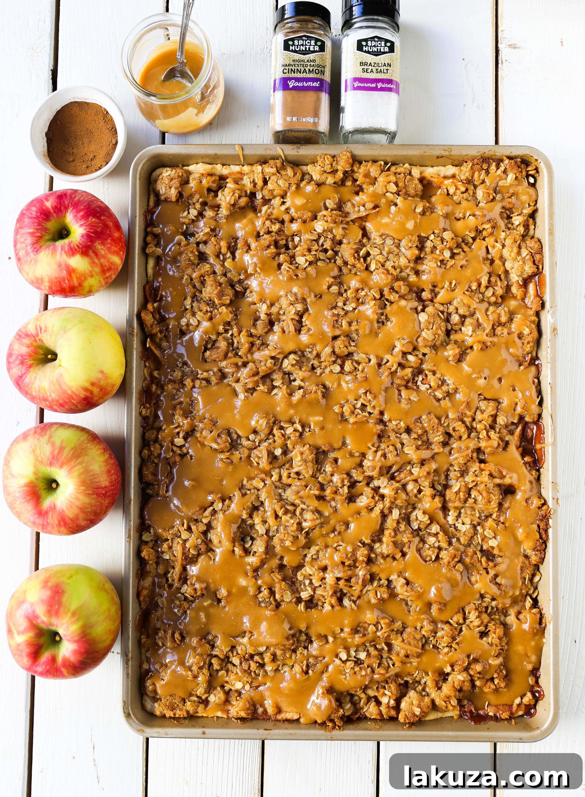 Close-up of baked Caramel Apple Slab Pie with crumb topping