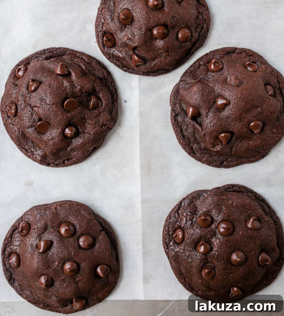 Freshly baked double chocolate chip cookies on a baking sheet lined with parchment paper, golden-brown at the edges and still soft in the center, cooling before being transferred.