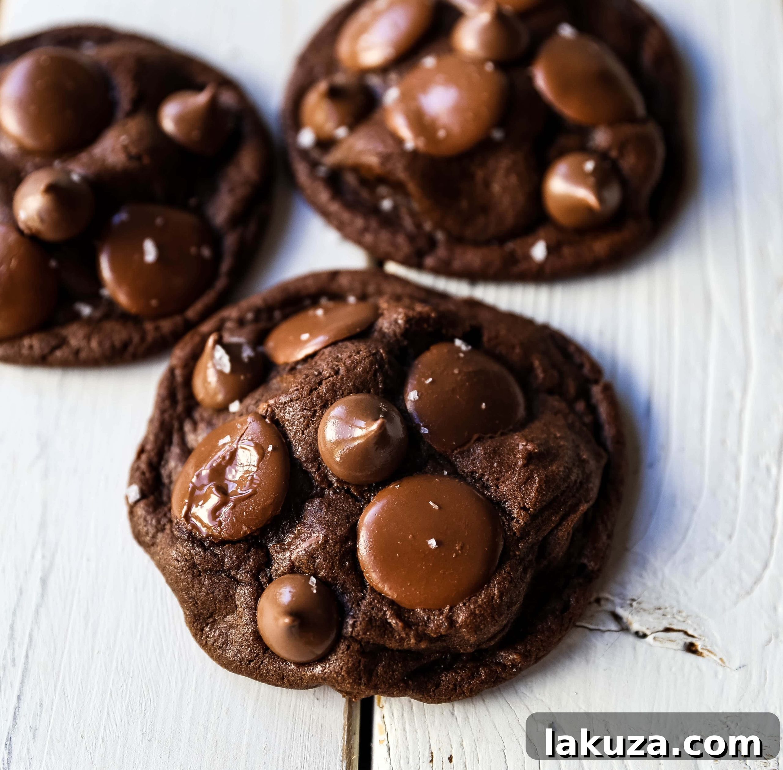 Another enticing view of a soft, chewy double chocolate chip cookie, highlighted with melted chocolate pieces. This image captures the rich, homemade quality of the best double chocolate cookie recipe.