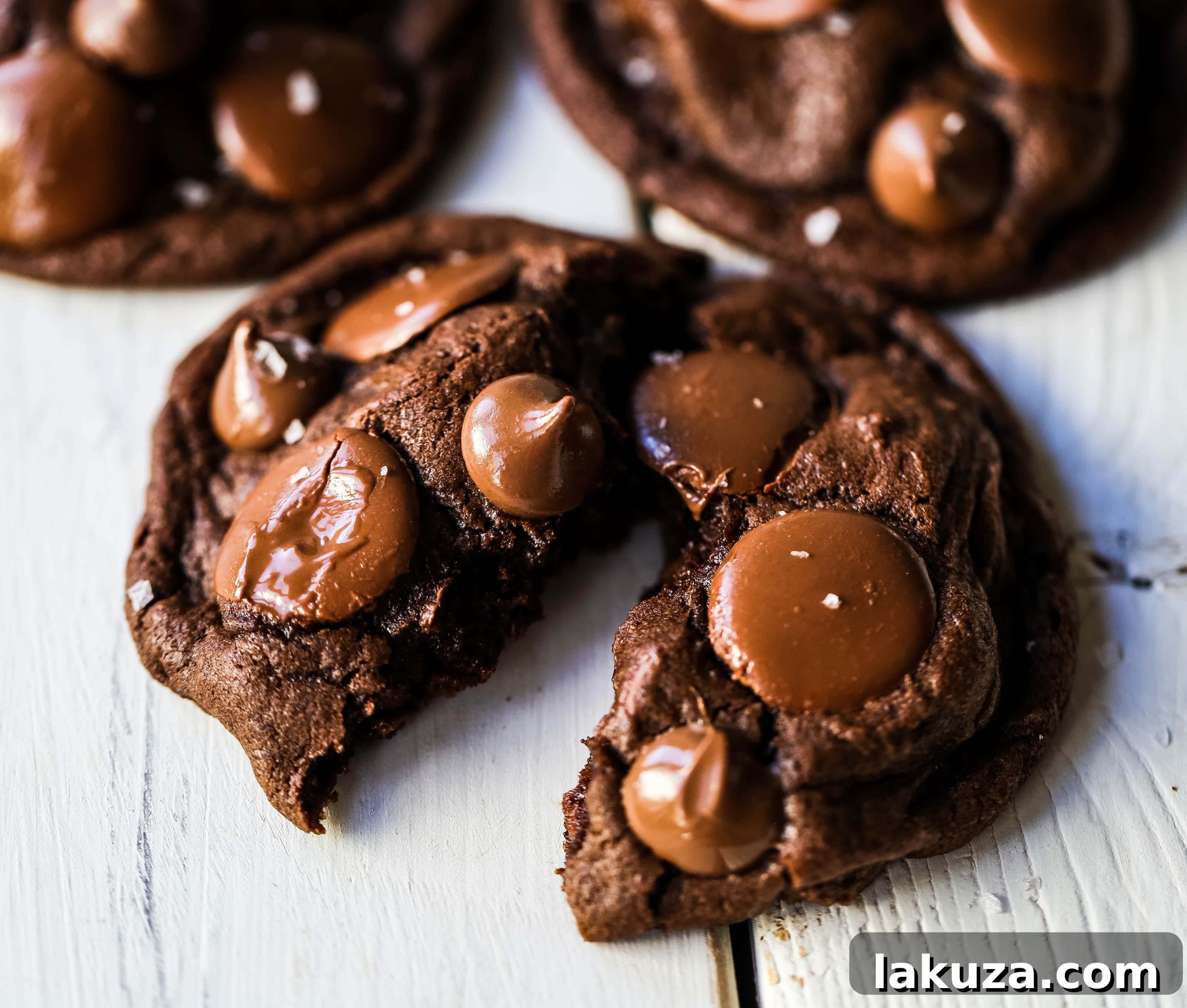 A collection of soft and chewy double chocolate chip cookies, stacked and scattered on a white surface, highlighting their rich color and inviting texture. The image evokes a sense of homemade goodness and indulgence.