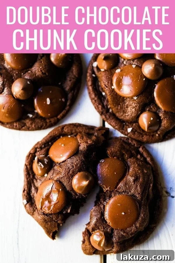 A beautifully presented warm double chocolate chip cookie, split to showcase its soft, gooey center and rich chocolate chunks, perfect for a blog post thumbnail.