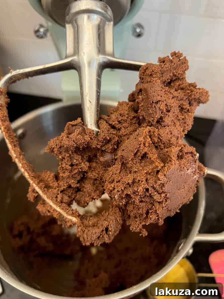 The dark, thick double chocolate chip cookie dough being mixed in a stand mixer bowl, showing its rich color and consistency after all ingredients have been incorporated.