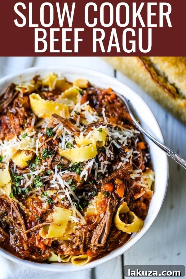 Hearty Sunday Slow Cooker Beef Ragu 7 Sunday Slow Cooker Beef Ragu. Authentic Italian Beef Ragu. The ultimate comfort food! A big bowl of slow cooked, braised beef in a rich, robust tomato sauce tossed with pasta. I guarantee that you will go back for seconds! www.modernhoney.com #slowcooker #beefragu #italianfood #italian
